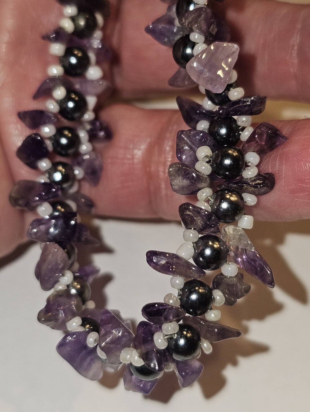 Vintage 3pc Amethyst & Clear Quartz Gemstone Jewelry Lot Woven Hematite Choker +